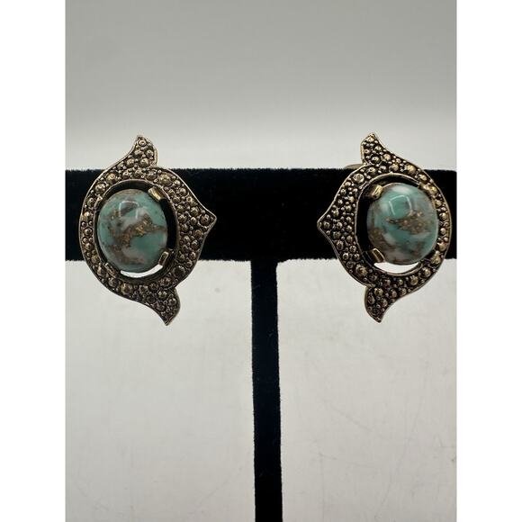 VTG Signed Sarah Cov Gold Tone And Multicolor Cabochon Center Clip-On Earrings - Picture 1 of 5